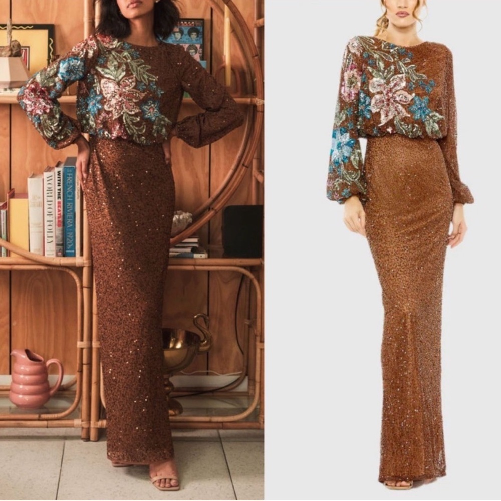 NWT Mac Duggal 5615 Embellished Beaded Floral High Neck Gown Mocha‎ Brown size 8